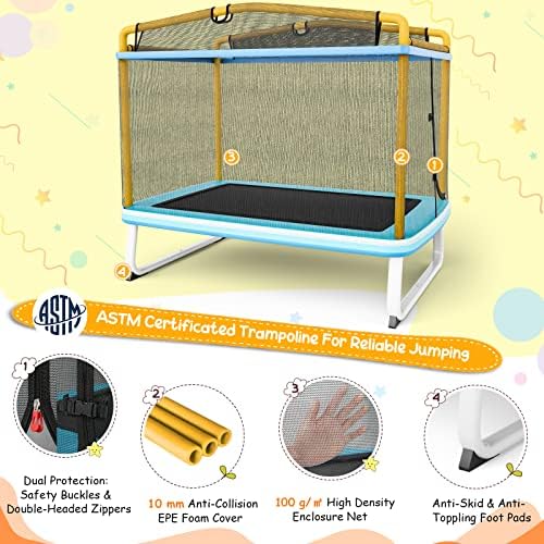 GYMAX Trampoline for Kids, 75” ASTM Approved Recreational Trampolines with Swing, Horizontal Bar & Enclosure Net, Mini Rectangle Trampoline for Baby Toddlers Indoor/Outdoor 3