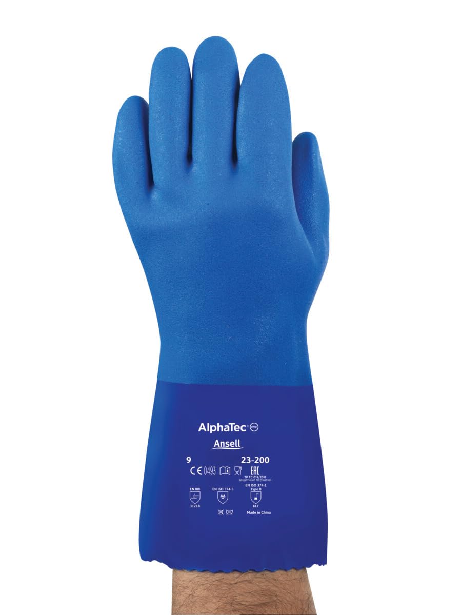 ANSELL ALPHATEC 23-200 PVC Rękawiczki robocze, odporność termiczna, bezpieczeństwo żywnościowe, ochrona przemysłowa, Epi, Blue, Blue, Size S (12 par)