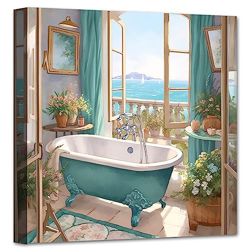 LZIMU Bathroom Wall Decor Teal Bathtub Wall Art Rustic Flower Canvas Prints Sea View from The Window Artwork for Bathroom Restroom Washroom Decor (Bathtub-2, 12"x12")