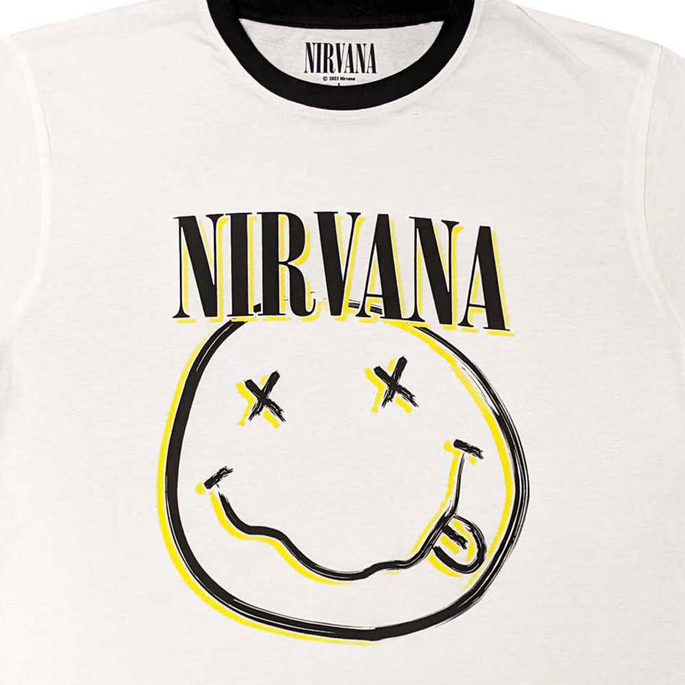 Nirvana Ringer T Shirt Double Smile Band Logo Nouveau Officiel Unisex Blanc