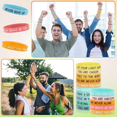 Image of JUNEBRUSHS 64pcs Motivational Silicone Bracelets Bulk Colored Inspirational Rubber Wristbands Unisex for Student Teacher Office Prizes Gifts Back to School Party Favor Supplies (16 Designs)