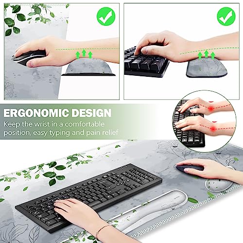 Image of ARTSO Gaming Mouse Pad Wrist Support Set, XXL Large Desk Mat Mousepad + Keyboard Wrist Support+ Mouse Wrist Rest+Coaster 4in1 Ergonomic, Memory Foam -Green Leaves and Line Flower