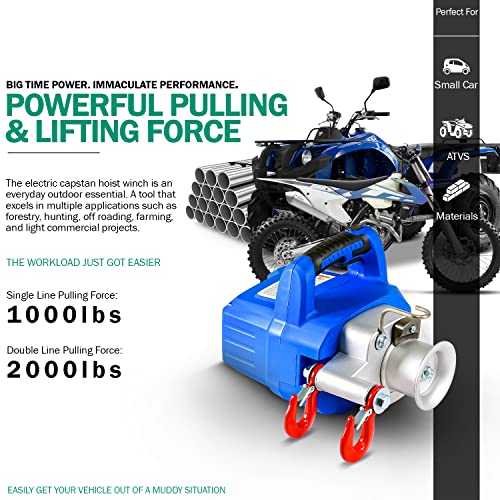 Landworks Electric Towing Capstan Winch Hoist Portable Cordless Brushless Motor Li-Ion Battery Powered 1000-2000 1/2-1 Ton Max Pulling Force For Forestry Hunting Off Road (Low Stretch Rope Included) #TOP2