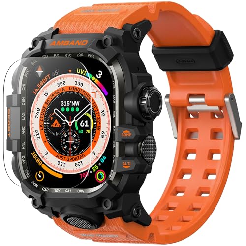 amBand Rugged Case with Band for Apple Watch Ultra 3/2/1 49mm M3 Military Grade Shockproof Cover Includes Screen Protector Kit Tactical Band for Men - Compatible with iWatch Ultra Orange