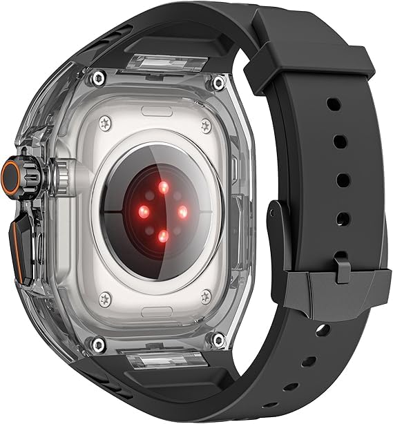 Image of AUGEN Luxury Transparent Apple Watch Modification Kit Compatible with Series 9 /8 /7 (45mm) & SE2 /6 /SE /5 /4 (44mm) | Premium Fluororubber Strap Band with Transparent Protective Case for Men & Women (Upgrade Mod Kit) (Black)