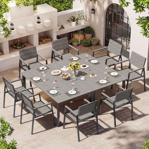 Image of Outdoor Dining Set for 8, Patio Table and Chairs Set with Umbrella Hole, 10 Pieces HDPS + Aluminum Outdoor Furniture Sets for Patio, Garden (Gray)