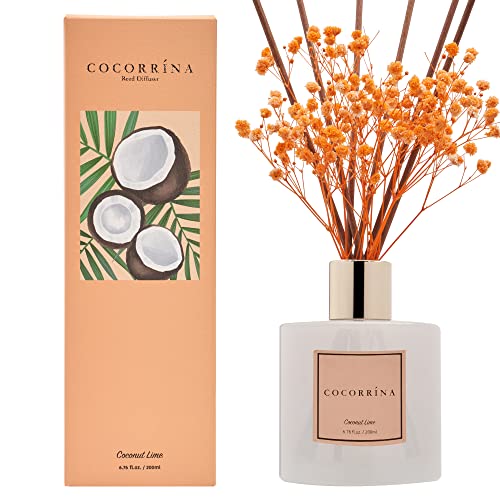 Image of Cocorrina Premium Reed Diffuser Set with Preserved Baby's Breath & Cotton Stick Coconut Lime | 6.7oz Scent Fragrance Oil Diffuser for Bedroom Bathroom Home Decor