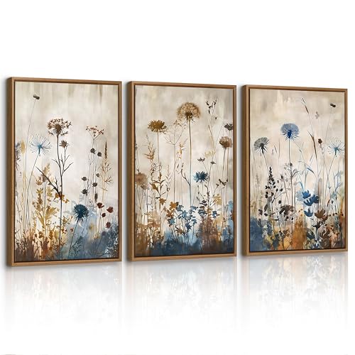 3 Pcs Quadri Moderni Rustico Piante Dente di Leone Stampa Su Tela Con Cornice, Quadro Blu Marrone Fiori Botanico Pittura su tela poster da parete Decorazione Murale Soggiorno Camera da letto 30x40cmx3