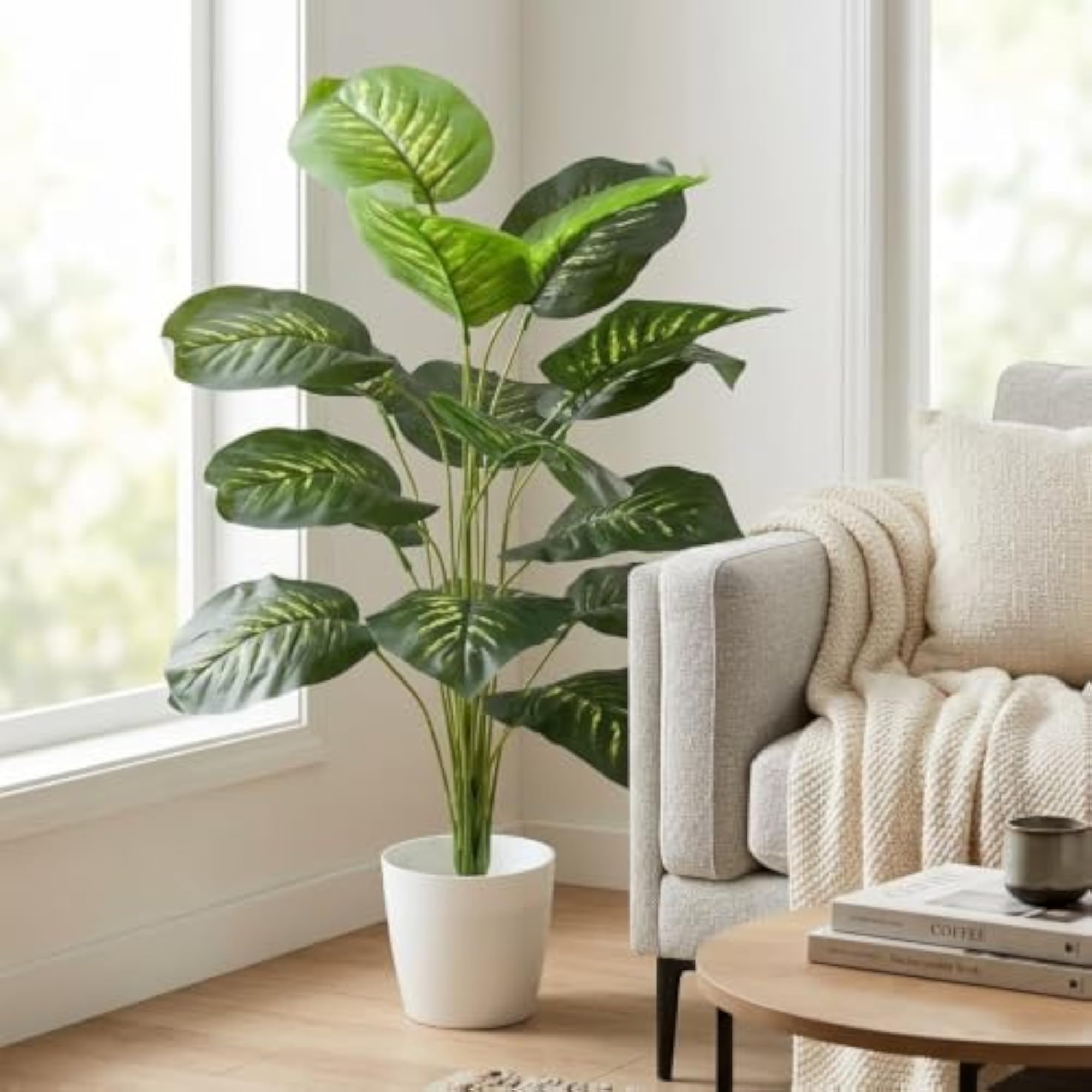 Artificial Plant with Empty Pot, Faux Green Leaf Plant