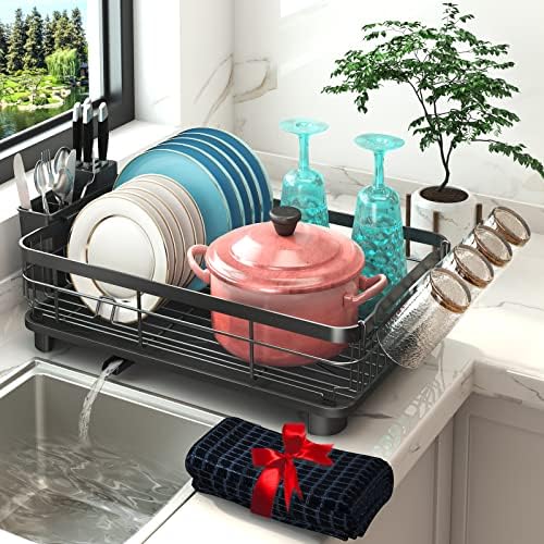 Godboat Dish Drying Rack, Dish Rack with Drainboard, Dish Drainers for Kitchen Counter, Drying Rack with Utensil Holder, 360° Swivel Spout, Kitchen Gadgets and Organization, Gifts for Women and Men