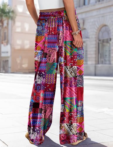 YESNO Women Summer Boho Palazzo Pants High Waist Wide Leg Floral Casual Cotton Lounge Trousers with Pockets L PP0 P002R4