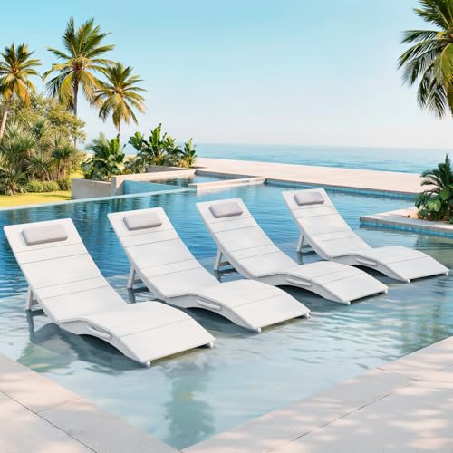 Image of Stoog Folding Pool Lounge Chairs Set of 4, HIPS Anti-Floating Outdoor Chaise with Headrest, Heavy Duty Pool Chairs for Hotel, Beach, Sun Deck, White