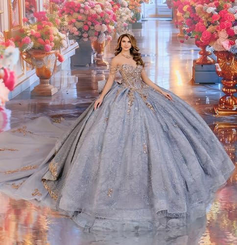 Gold Appliques Quinceanera Dresses with Bow Sweet XV Dress Glitter Puffy Ball Gown with Long Train PM0062