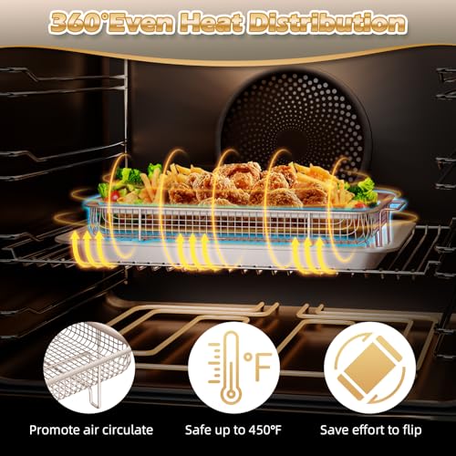 Image of Air Fryer Basket for Oven, OPENICE 2 Set Oven Air Fryer Basket and Tray with 60 Pcs Parchment Papers, Air Fryer Pan Crisper Tray Set for Crisping, Frying - Golden
