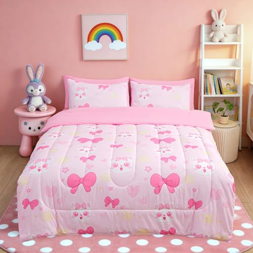 Image of Cartoon Bedding Set - Super Soft Microfiber Twin Size 5 Piece Pink Bow Kitten Comforter Set with Sheets, Pillowcase & Sham for Girls, Bed in a Bag (Pink Cute Bow Cat, 5 Piece Twin Size)
