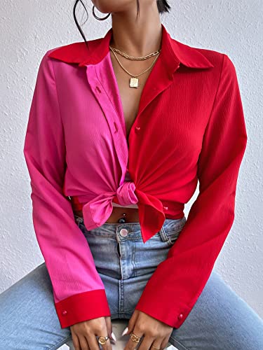 WDIRARA Women's Colorblock Long Sleeve Blouse Shirt Button Down Collared Tops3