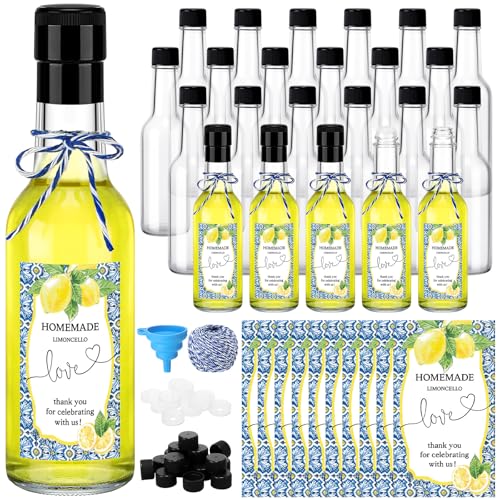 Reallnaive 30 Sets 5 oz Limoncello Glass Bottles for Homemade Capri Lemon theme Summer Party Favors with Stickers Lids Funnel for Brewing Beverages Amalfi Coast Wedding Holiday DIY Craft