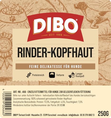 DIBO Rinderkopfhaut, 250g-Beutel, der kleine Naturkau-Snack oder Leckerli für Zwischendurch, Hundefutter, Qualitätskauartikel ohne Chemie