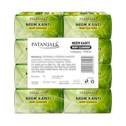 Image of Patanjali Neem Kanti Herbal Body Cleanser Soap for Men and Women (150g, Pack of 8), Moisturizing & Deep Cleansing, Natural Neem Soap for Dry Skin