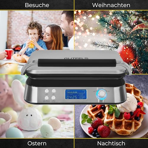 GUTFELS Waffeleisen WAFFLE 5010|Beschichtete Backplatten|1600 Watt| Timer|Display|Überlaufschutz|5 verschiedene Programme|rutschfeste Standfüße|Kabelaufwicklung|Überhitzungsschutz, Schwarz-inox