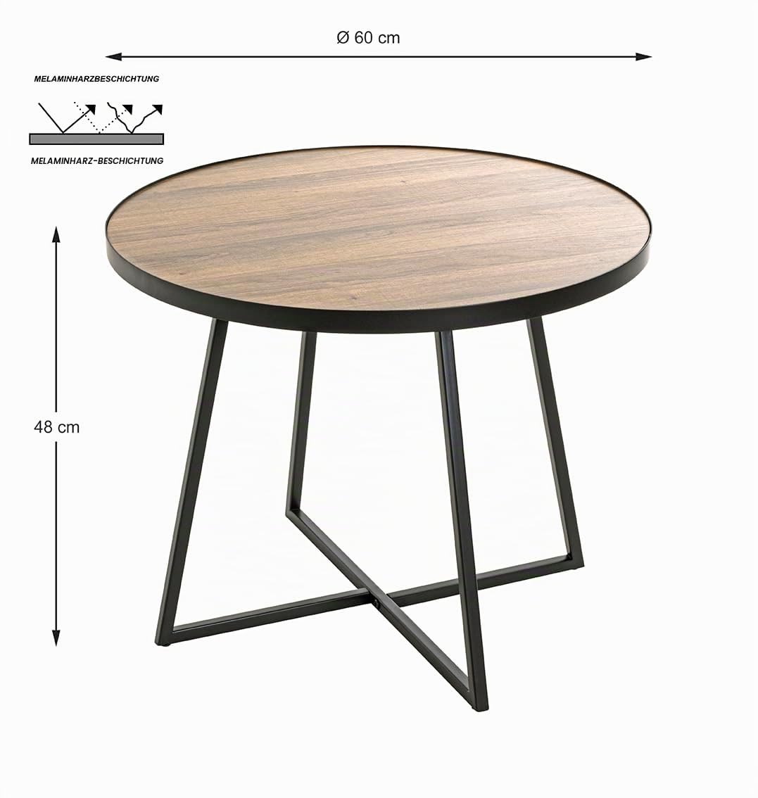 HAKU Beistelltisch rund Eiche schwarz MDF Metall runder Couchtisch - Maße: H 48 x Ø 60 cm Style: Modern