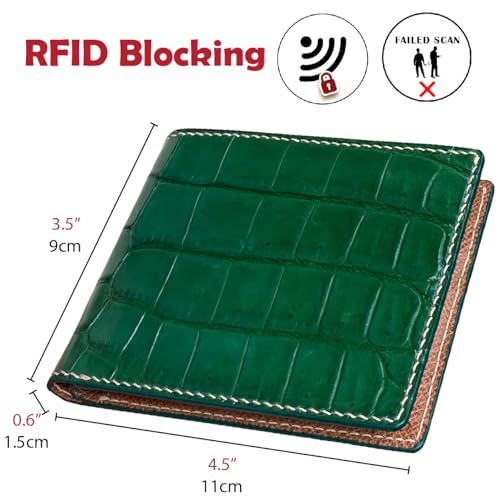 Image of HATA Green Bifold Leather Wallet for Men, Slim Minimalist Exotic Wallet, Hand-Stitched RFID Blocking Leather Wallets, Handmade Gift for Birthday, Anniversary, Father's Day VINAM-87