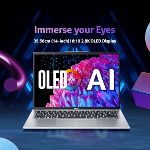 Image of acer Swift Go 14, AI PC, Intel Core Ultra 5 125H, Office 2024 + M365 Basic, 16GB LPDDR5X /512GB SSD, 14-inch OLED WQXGA /1440p Camera, Win 11 Home, Pure Silver, 1.3 Kg, SFG14-73, Premium Laptop