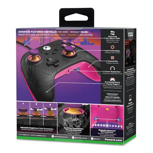 Image of PowerA Advantage Plus Wired Controller for Xbox Series X|S - Moonlit Palms, officially licensed, adjustable height thumbsticks, hall effect, mappable buttons, works with Xbox One and Windows 10 /11 PC