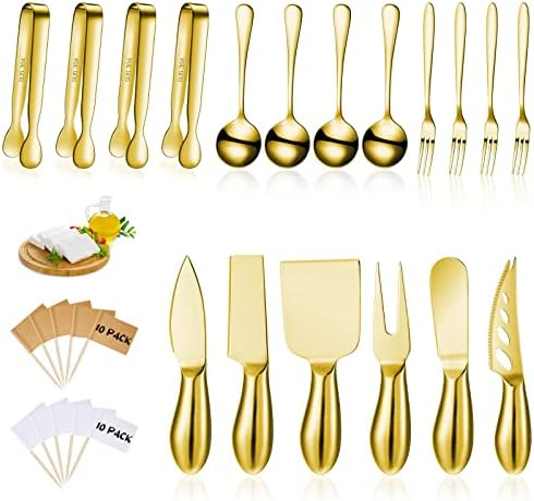 Charcuterie Board Accessories Cheese Spreader Knife Set Cheese Butter Knife Stainless Steel Mini Serving Tongs Spoons Appetizer Forks for Pastry Christmas (Golden, 18 Pieces)