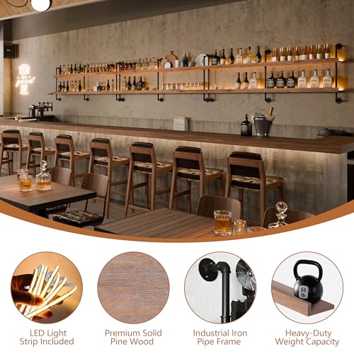 Image of Wall Mounted Wine Rack with LED Light, LED Industrial Pipe Wine Shelf, 2-Tier Hanging Bottle Rack, Bar Storage Shelf for Bottles (Weathered Brown, 60 inch)