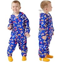 Fewlby Kids Puddle Suit All in One Waterproof Suit, Boys Rain Suit Waterproof Overalls Blue Cars Muddy Suit Girls One Piece Raincoat Hoodie Rainwear, 2-5 Years M Size
