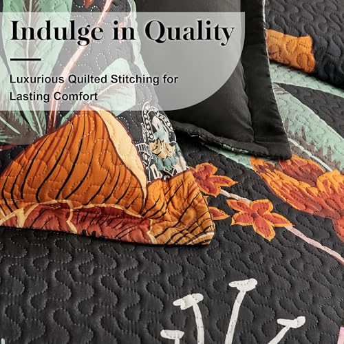 Image of Tyrot 3 Piece Black Boho Floral King Size Quilt Sets Reversible Farmhouse Botanical Lightweight Bedspread Coverlet with 2 Shams Butterfly Microfiber Bedding Quilts Set for All Season, 106''x96''
