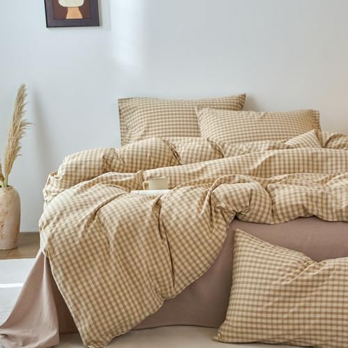 Image of EAVD Vintage Style Brown&Beige Plaid Duvet Cover King Soft 100% Washed Cotton Chic Checkered Gingham Bedding Set with 2 Pillowcases Farmhouse Brown Gingham Duvet Cover with Zipper Closure