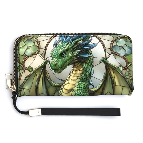 Green Dragon with Four Clovers Stained Glass PU Leather Clutch Long Bifold Wallet, Coin Purse Credit Pass Case, Durable Card-Holder Money Storage for Women Men