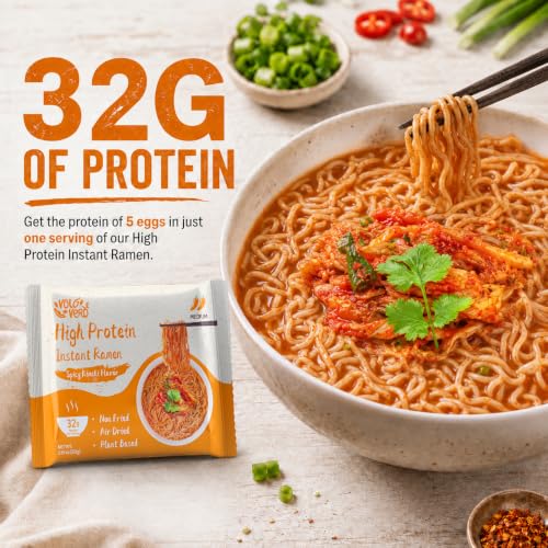 Image of VOLO VERO High Protein (32g) Instant Ramen Noodles Soup, Spicy Kimchi Flavor, 8 Packs, Vegan, Plant-Based, Non-Fried, Low Fat, Egg-Free, Dairy-Free, Healthy Asian Meal