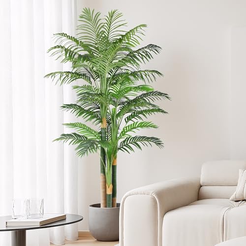 Image of 7ft Triple Golden Cane Palm Artificial Tree 210cm, Large UV-Resistant Tropical Palm Fake Plant Big Size, Perfect for Indoor or Outdoor, Ideal for House Living Room Patio or Office Decor