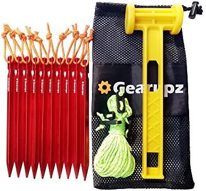 Gearupz Tent Stakes Kit With 10 Aluminium Alloy Pegs & 4 Reflective Guyline & Camping Hammer (Red)
