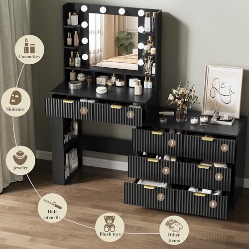 Image of Makeup Vanity Desk with Mirror and Lights, 57 inch Fluted Vanity Dresser Combo & Storage Shelves, Vanity Mirror with Mirror and Lights with 8 Drawers, 3 Color Modes, Dressing Table Set for Girls, Black