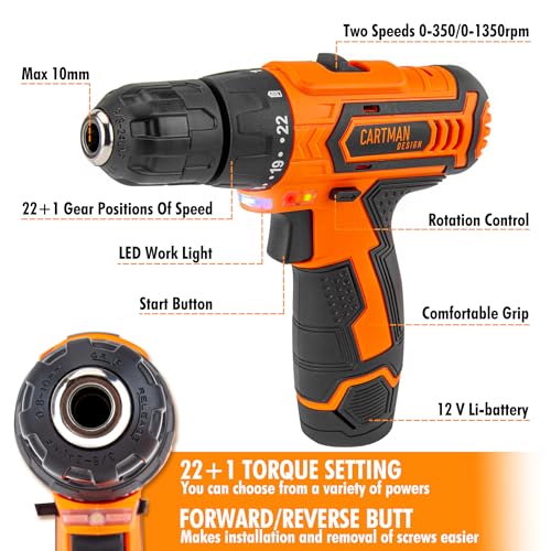 CARTMAN Power Tool Combo Kits with 12V Cordless Drill, Professional Household Home Tool Kit Set, DIY Hand Tool Kits for Garden Office House Repair, with a Robot Style Carry Box