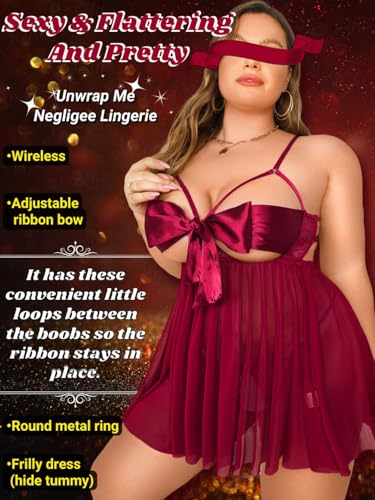 Image of SSoShHub Women Babydoll Lingerie Plus Size Net Chemise Front Ribbon Halter Nightwear Teddy Nightgown Babydoll Lingerie Female Wedding Nightgown bodybikini