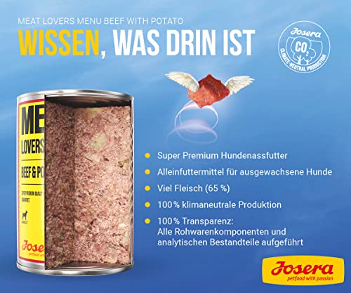 Josera Meat Lovers Menu Beef with Potato | Nassfutter für Hunde | hoher Fleischanteil | getreidefrei | mit Rind und Kartoffeln | Alleinfuttermittel | 6 x 400 g