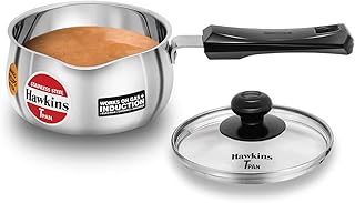 Hawkins 1 Litre Tpan, Stainless Steel Tea Pan with Glass Lid, Induction Sauce Pan, Chai Pan, Small Pan, Silver (SST10G)