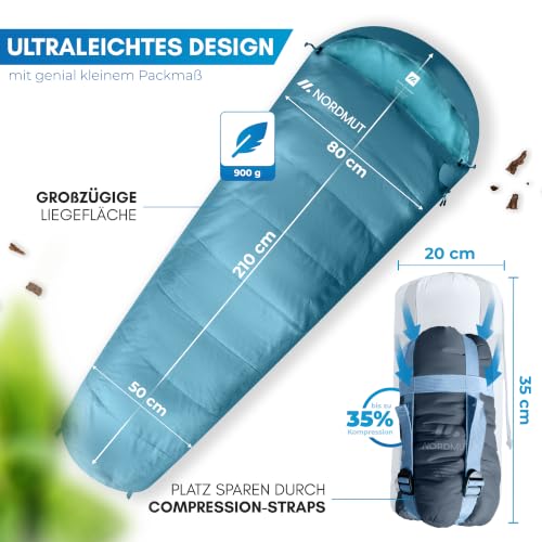 NORDMUT® Schlafsack Ultraleicht – Sommer (100 GSM) und 4-Jahreszeiten (300 GSM), Mumienschlafsack 900g, wasserfest, Camping… – Ansicht 5