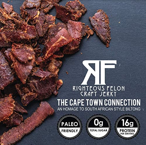 Righteous Felon Biltong Beef Jerky | Keto, Paleo, Gluten Free, High Protein | Hormone Free All Natural South African Style Biltong, No Artificial Flavors Or Preservatives, Low Carb Antibiotics (Darth Garlic) #TOP4