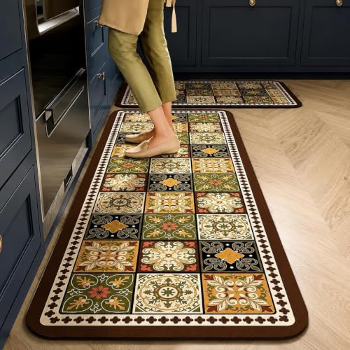 Image of Kitchen Runner Mat Set of 2, PVC Vintage Tile Design