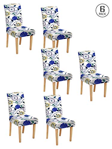 Image of Cortina Dining Chair Slipcovers | Protection Chair Covers | Floral Print, Removable, Washable | Universal Fit Super Soft Stretchy Polyester Spandex | Hotel, Marriage, Wedding | Pack of 6, White 2