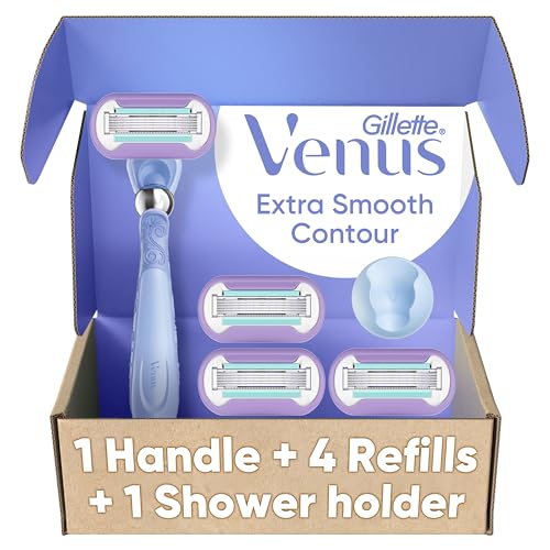 Gillette Venus Razor for Women, Extra Smooth Contour, Includes 1 Reusable Razor Handle + 4 Count 5-Bladed Razor Refills, with Flexiball Pivoting Handle and Shower Holder - image 1