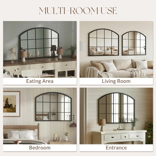 Image of Uniclinens Arched Window Wall Mirror - Black Window Pane Mirror Decor with Metal Frame, Grid Wide Arch Mirror Farmhouse Ideal Decor for Entryway, Living Room,Buffet Table, Hallway, Fireplace, 32 inchX24 inch