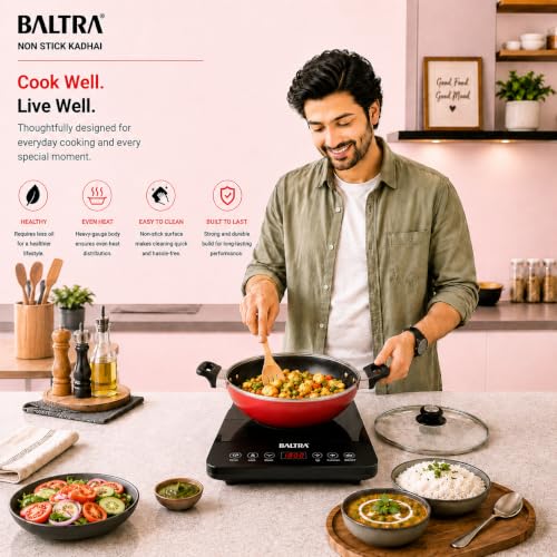 Image of BALTRA 4.5L Nonstick Kadhai with Glass Lid | Induction Bottom, Marble Finish, Durable & Even Heating Cookware for Healthy Cooking Kadai 3mm Thick (28cm, Red)