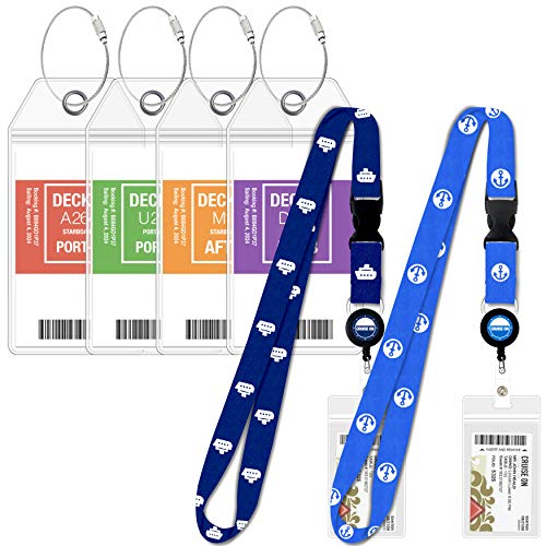 Carnival Cruise Luggage Tag Holders [4 Pack] & Cruise Lanyard Set [2 Pack] Large Tag Holders for Your Cruise Ship Luggage eTags [2022 & 2023] Clear, Plastic & Waterproof (Cruise Lanyards Blue)